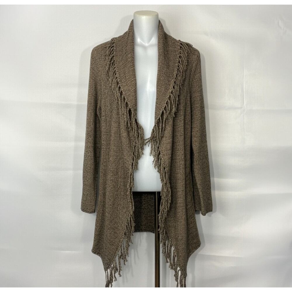 NWT NIC+ZOE Sweater Cardigan L Fringe Brown Duster Long Open Waterfall BOHO